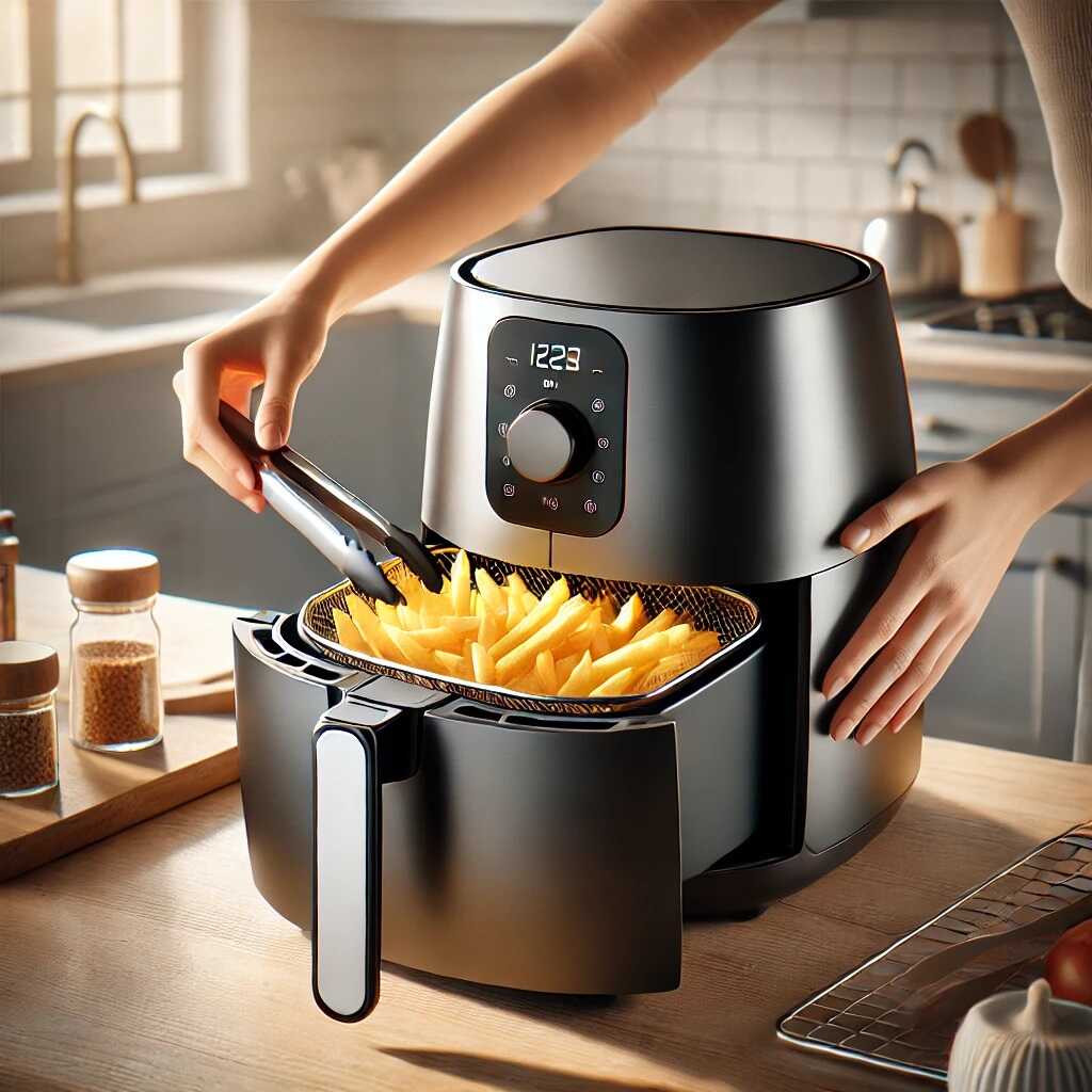 Air fryer, moderna friteza na vruć vazduh, sa savršeno pečenim krompirom dok ruke koriste klešta u čistoj i svetloj kuhinji.