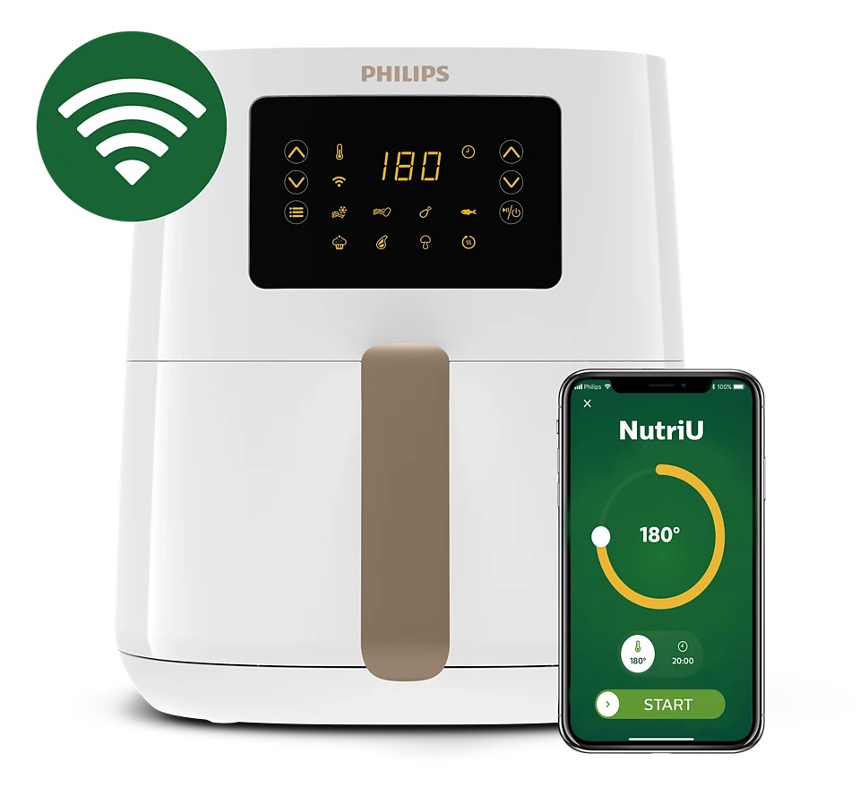 PHILIPS friteza na vruć vazduh Airfryer HD9255/30 sa mobilnim telefonom i WiFi simbolom za pametno upravljanje.