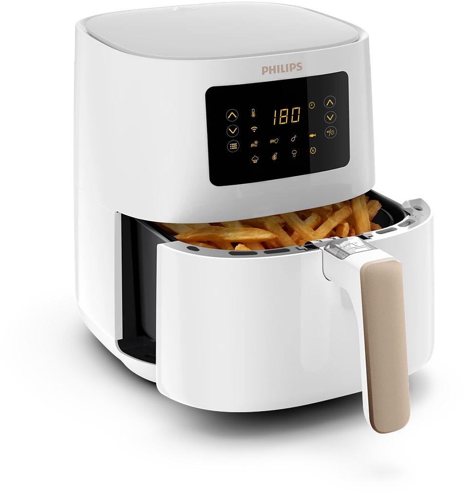 PHILIPS friteza na vruć vazduh Airfryer HD9255/30 sa poluotvorenom korpom i pripremljenim pomfritom.