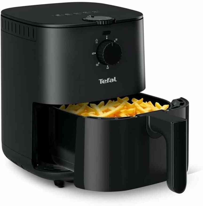 TEFAL friteza na vruć vazduh Easy Fry Essential EY130815 sa izvučenom posudom i pomfritom spremnim za serviranje.