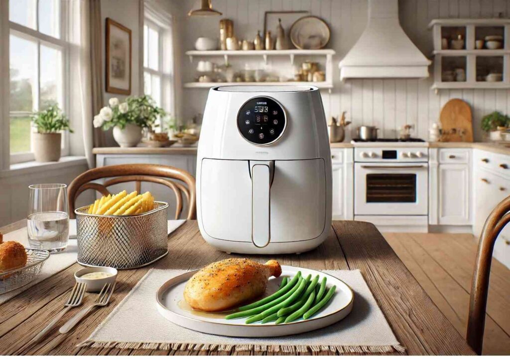 air fryer Mini friteza na vruć vazduh u bijeloj boji, postavljena na radnu površinu moderne kuhinje