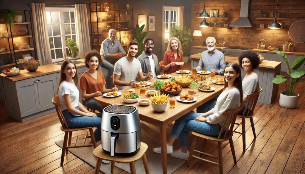 Grupa ljudi uživa u obroku pripremljenom u fritezi na vrući zrak, okružena toplom i prijatnom atmosferom. razmjenjuju recenzije i iskustva o air fryer u